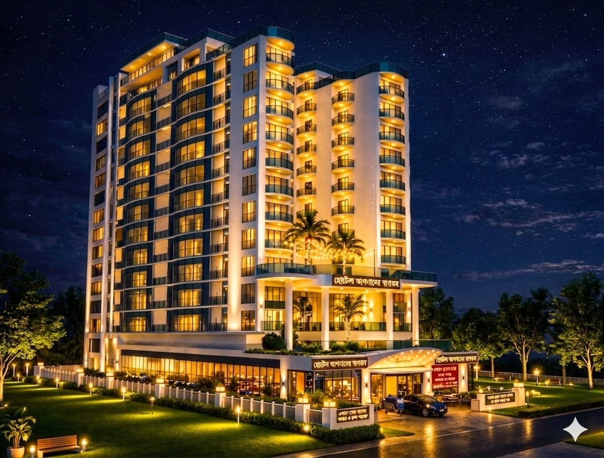 Modern multi-story hotel building illuminated at night with professional architectural electrical lighting