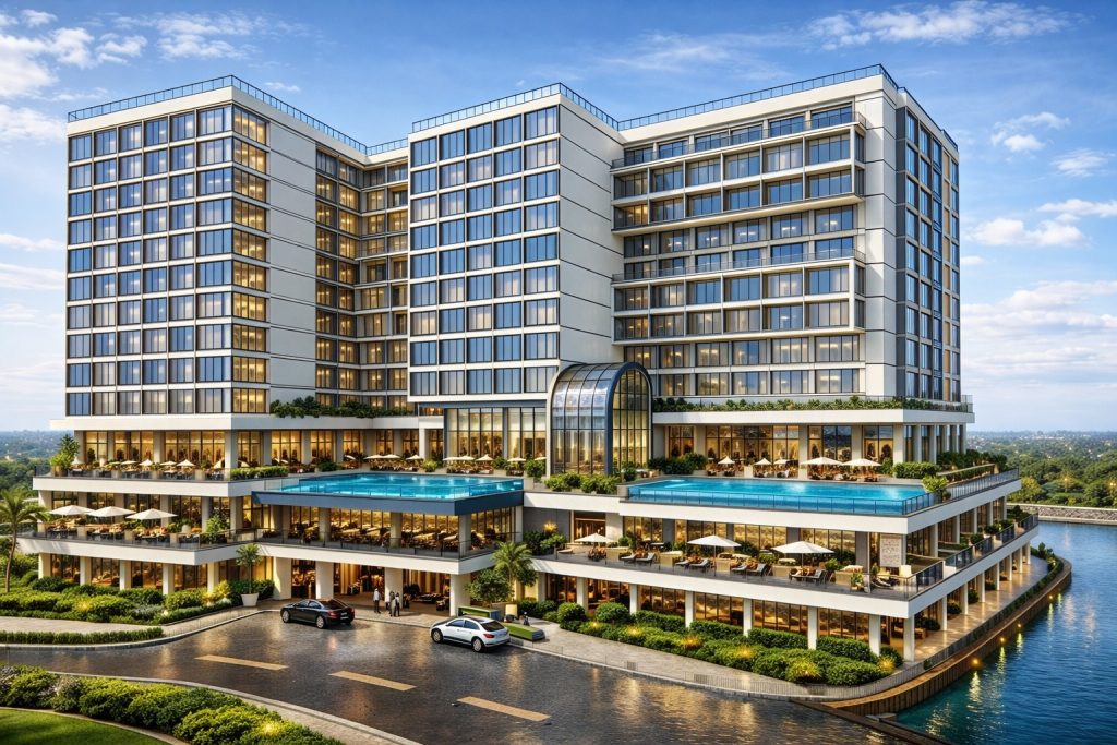 Architectural rendering of a modern high-rise glass building with a tiered podium, integrated outdoor balconies, and urban landscaping, representing structural engineering services.