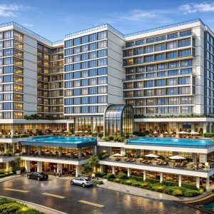 Architectural rendering of a modern high-rise glass building with a tiered podium, integrated outdoor balconies, and urban landscaping, representing structural engineering services.