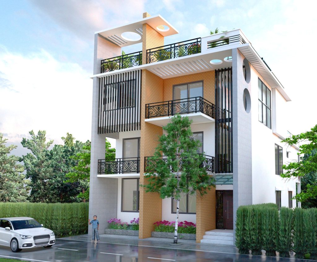A modern three-story duplex house featuring a white and ochre exterior, multiple balconies with black railings, a rooftop terrace with a pergola, and minimalist landscaping with a white car parked in front.