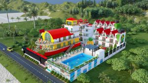 Architectural 3D design of Monodola Resort in Cox's Bazar featuring a premium swimming pool and modern structures by Nexora Structure Ltd.