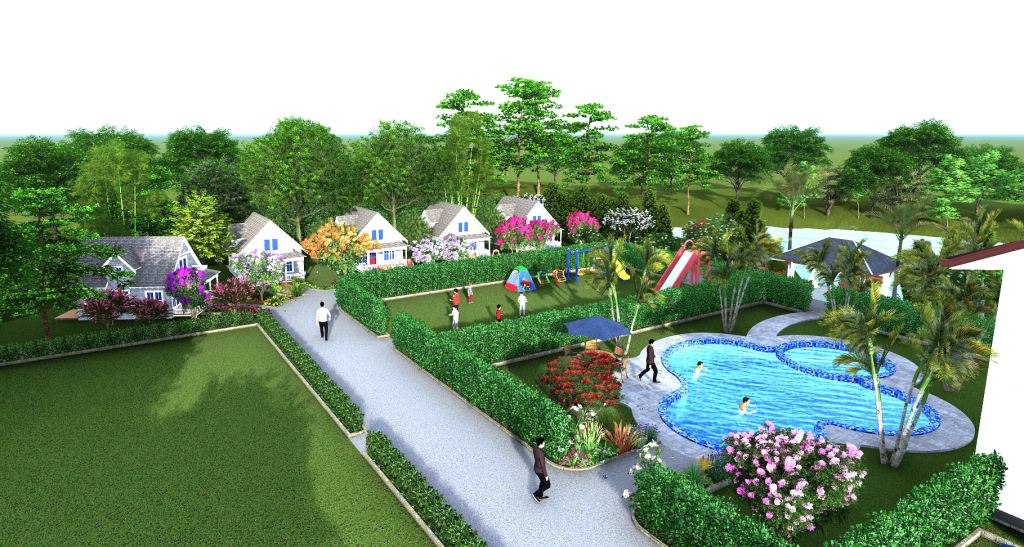 Architectural 3D rendering of a luxury eco-resort with geodesic domes and a swimming pool by Nexora Structure Ltd.