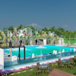 3D architectural rendering of a luxury outdoor swimming pool with turquoise water, poolside seating, and integrated landscape design under a clear blue sky.