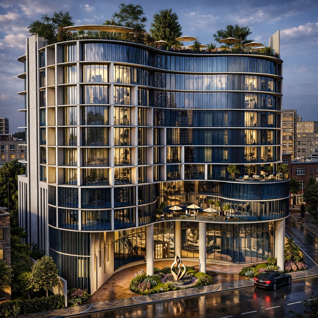 Brothers Engineering BD curved glass building design. Modern architectural 3D rendering of a luxury commercial tower with rooftop garden and contemporary facade.