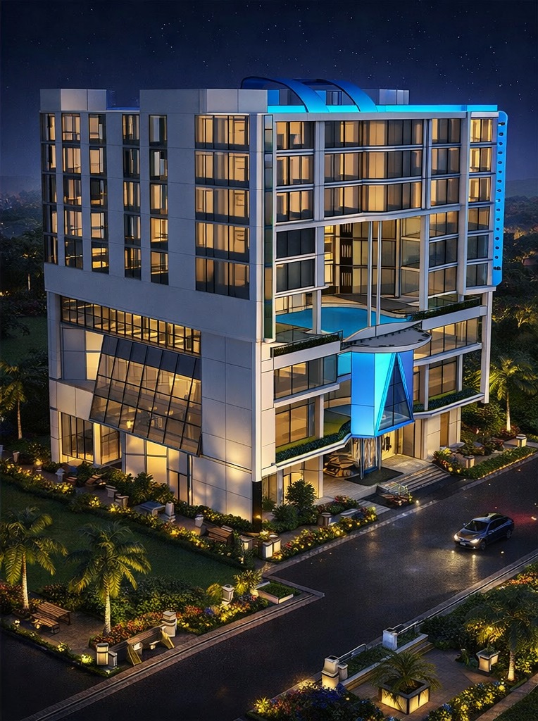 Brothers Engineering BD corporate office building design. Modern multi-story architectural rendering with blue LED accent lighting and glass windows.