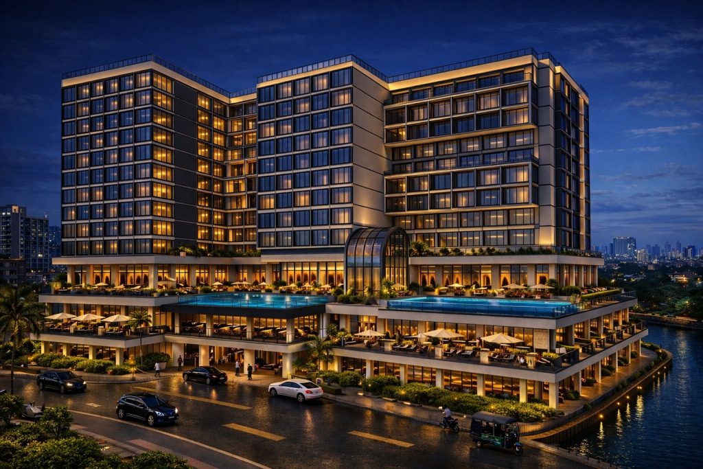 Dhaka Core Club Limited building exterior rendering by Brothers Engineering BD. High-rise commercial architecture with luxury night lighting and glass design in Dhaka, Bangladesh.