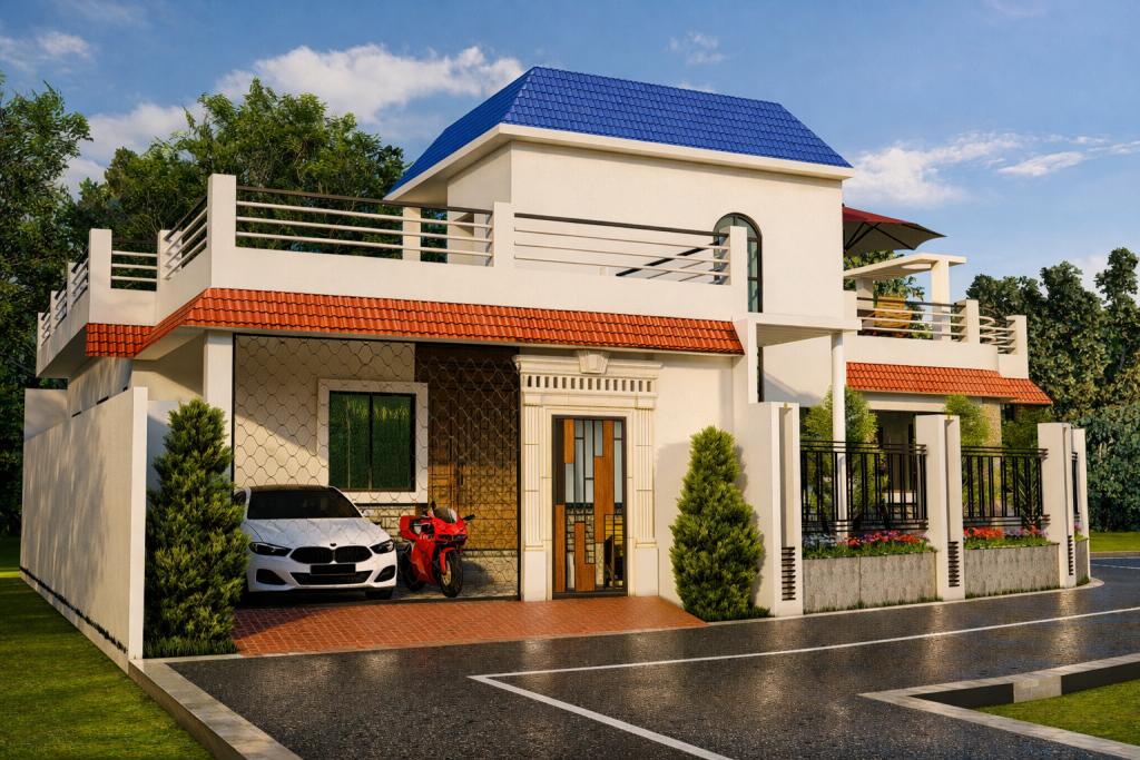 Side view of a modern duplex building with a covered car porch, white car, and landscaped side yard.