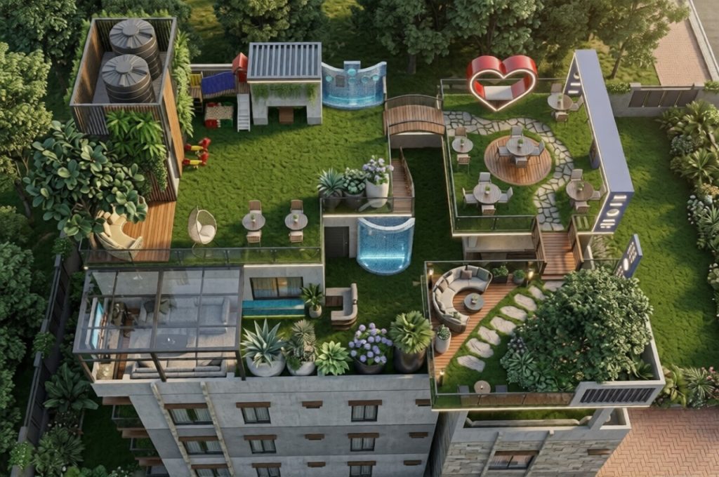 Modern luxury rooftop garden design with a swimming pool and seating area in Feni by Brothers Engineering BD.