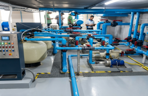 A professional industrial water filtration and plumbing system featuring blue PVC piping, pressure gauges, and large sand filter tanks in a clean mechanical room.